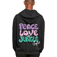 Peace Love Jungle Graffiti Oversized Hoodie - Black Acid Washed - Back View