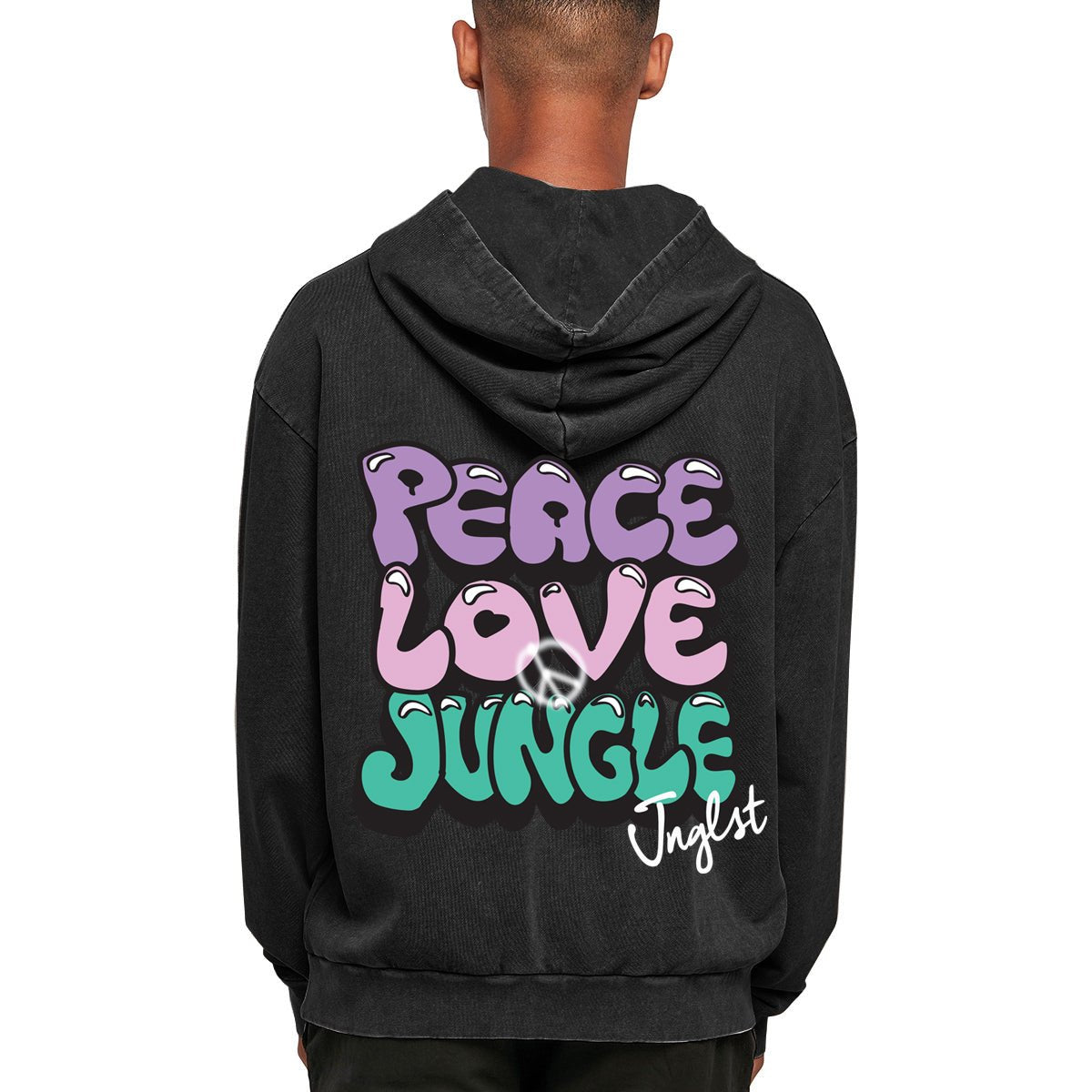 Peace Love Jungle Graffiti Oversized Hoodie - Black Acid Washed - Back View