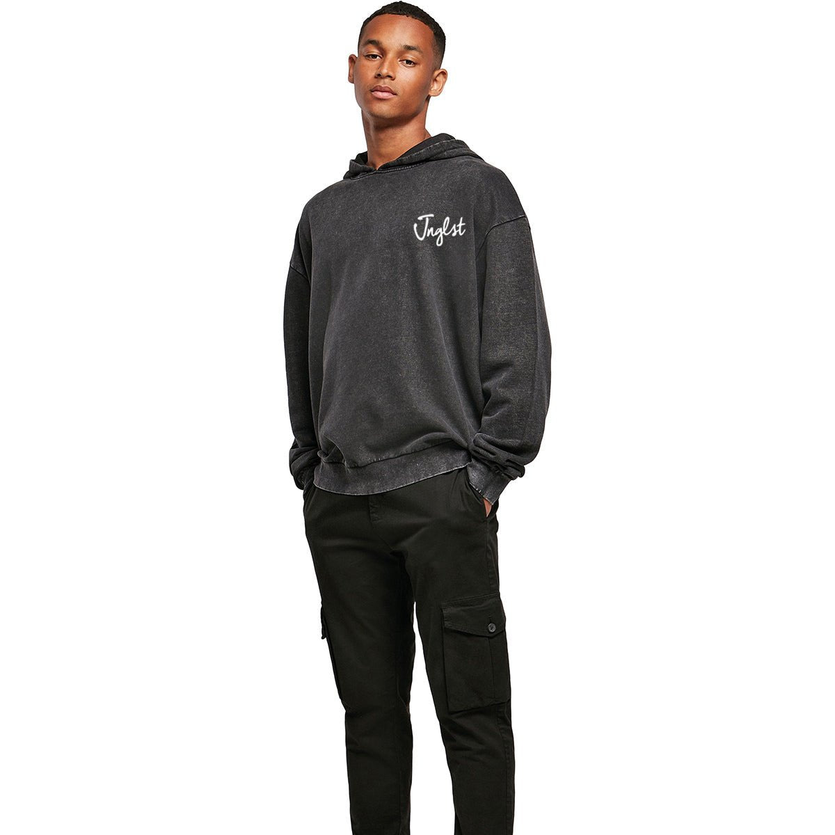 Peace Love Jungle Graffiti Oversized Hoodie - Black Acid Washed - Front View