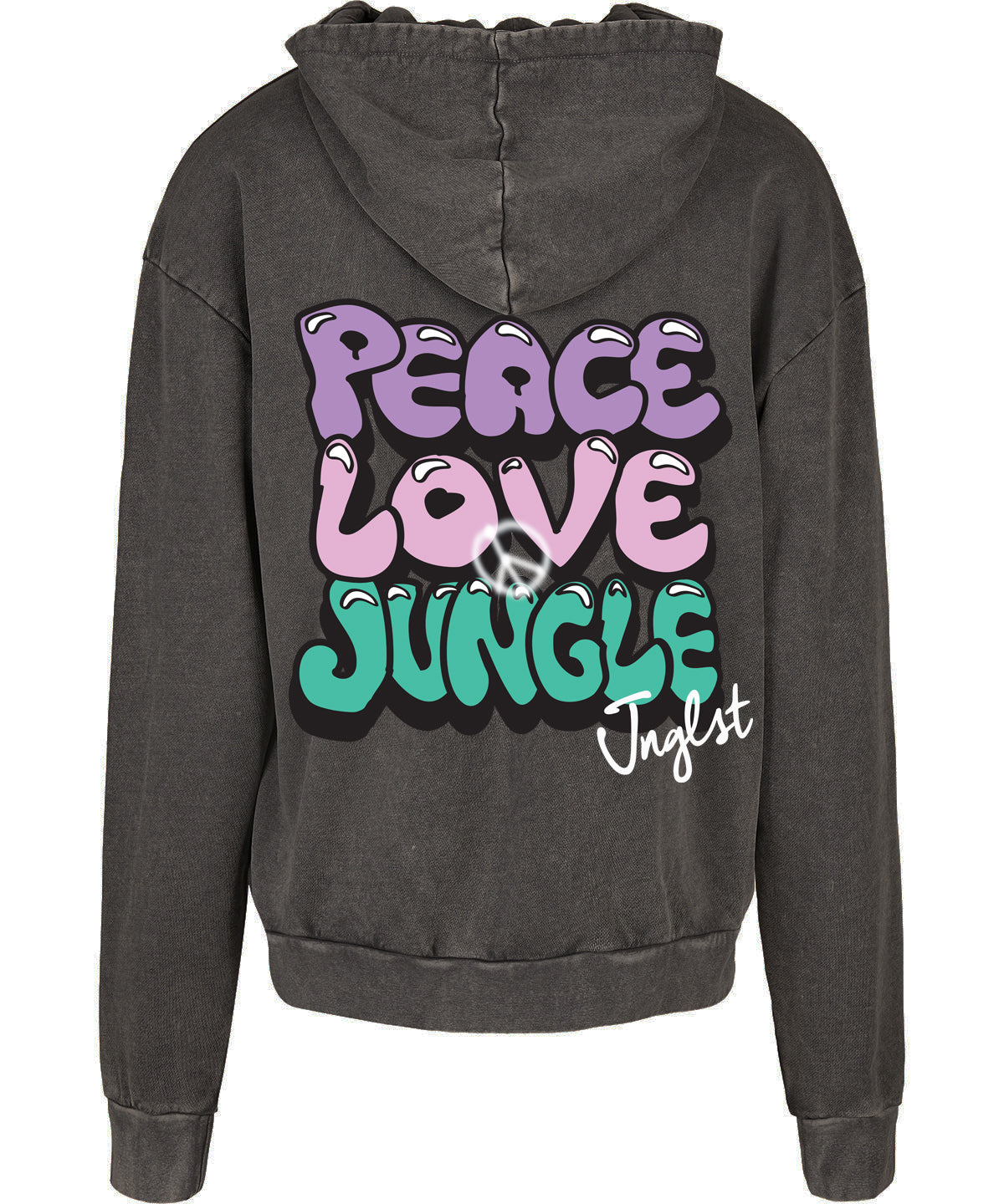 Peace Love Jungle Graffiti Oversized Hoodie - Black Acid Washed - Back