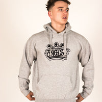 Model wearing grey Junglist Crown hooded Pullover