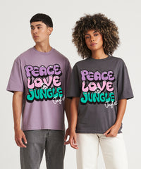 Models wearing Men's and Women's Peace, Love Jungle Graffiti T shirt In Gey and Dusty Lilac