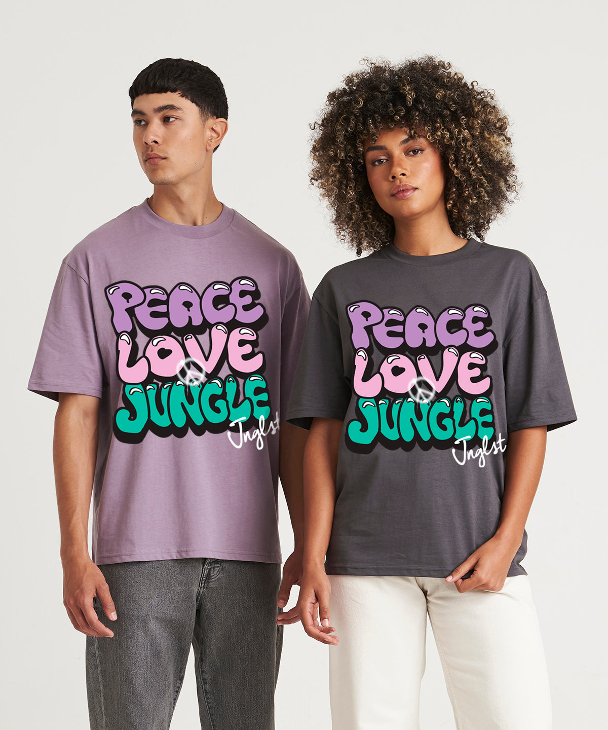 Models wearing Men's and Women's Peace, Love Jungle Graffiti T shirt In Gey and Dusty Lilac
