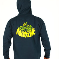 Navy Junglist Massive hoodie with yellow text on the back against a white background