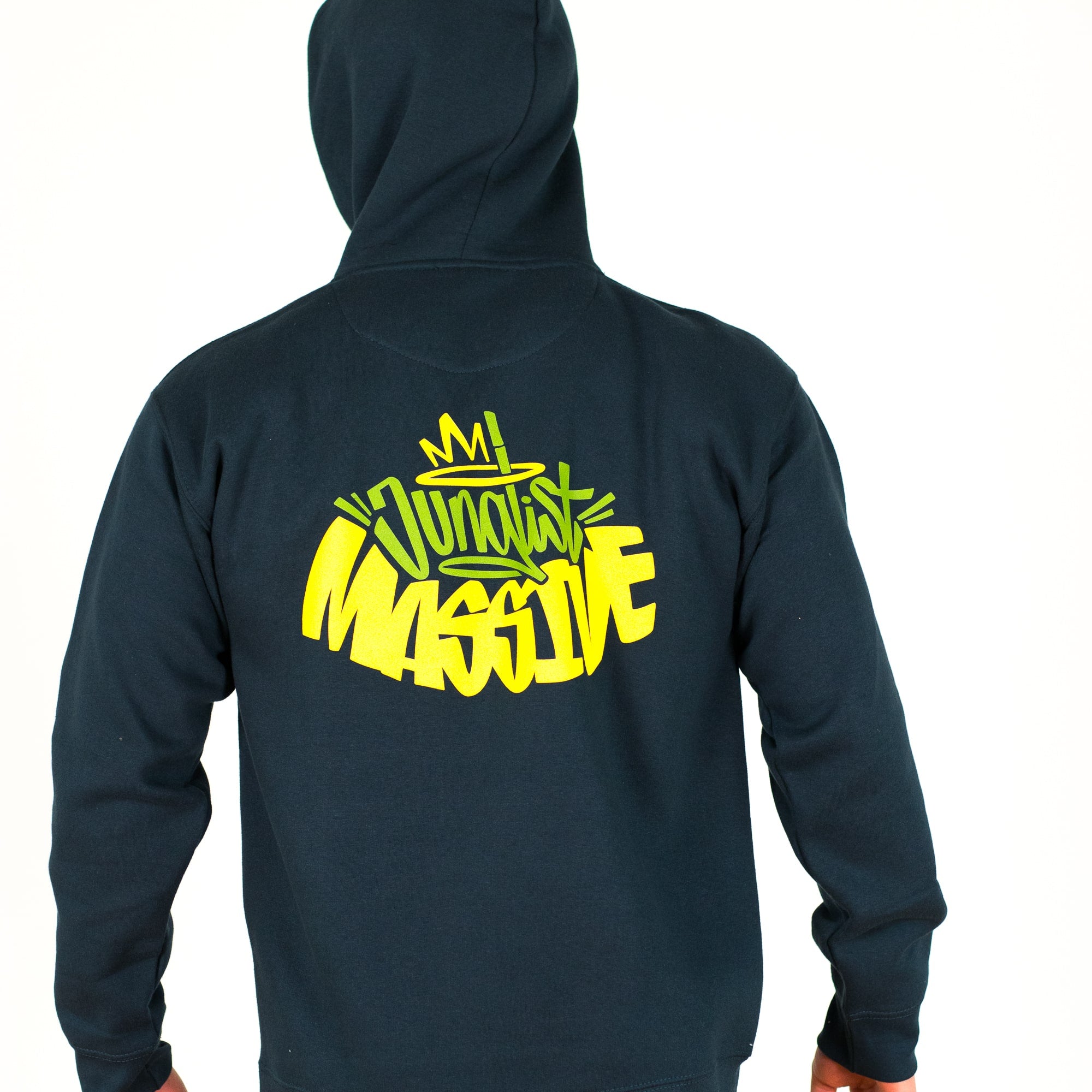 Navy Junglist Massive hoodie with yellow text on the back against a white background