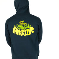 Navy Junglist Massive hoodie with yellow text on the back against a white background