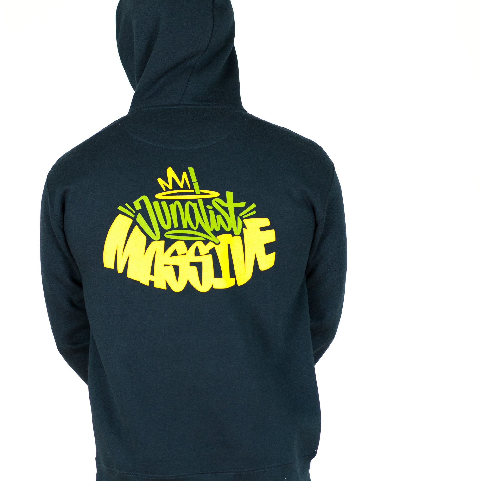 Navy Junglist Massive hoodie with yellow text on the back against a white background