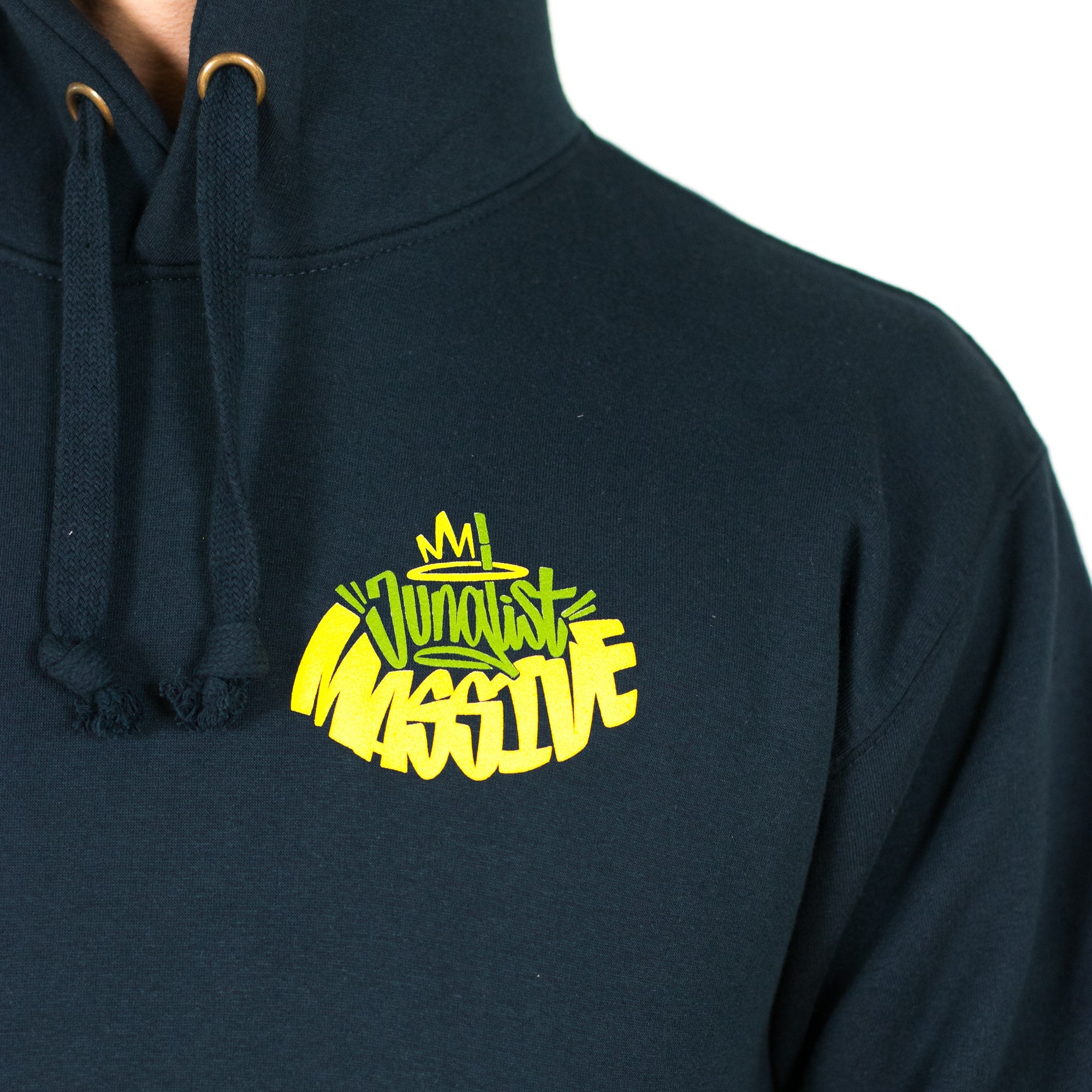 Navy Junglist Massive hoodie with yellow and green text design on a white background