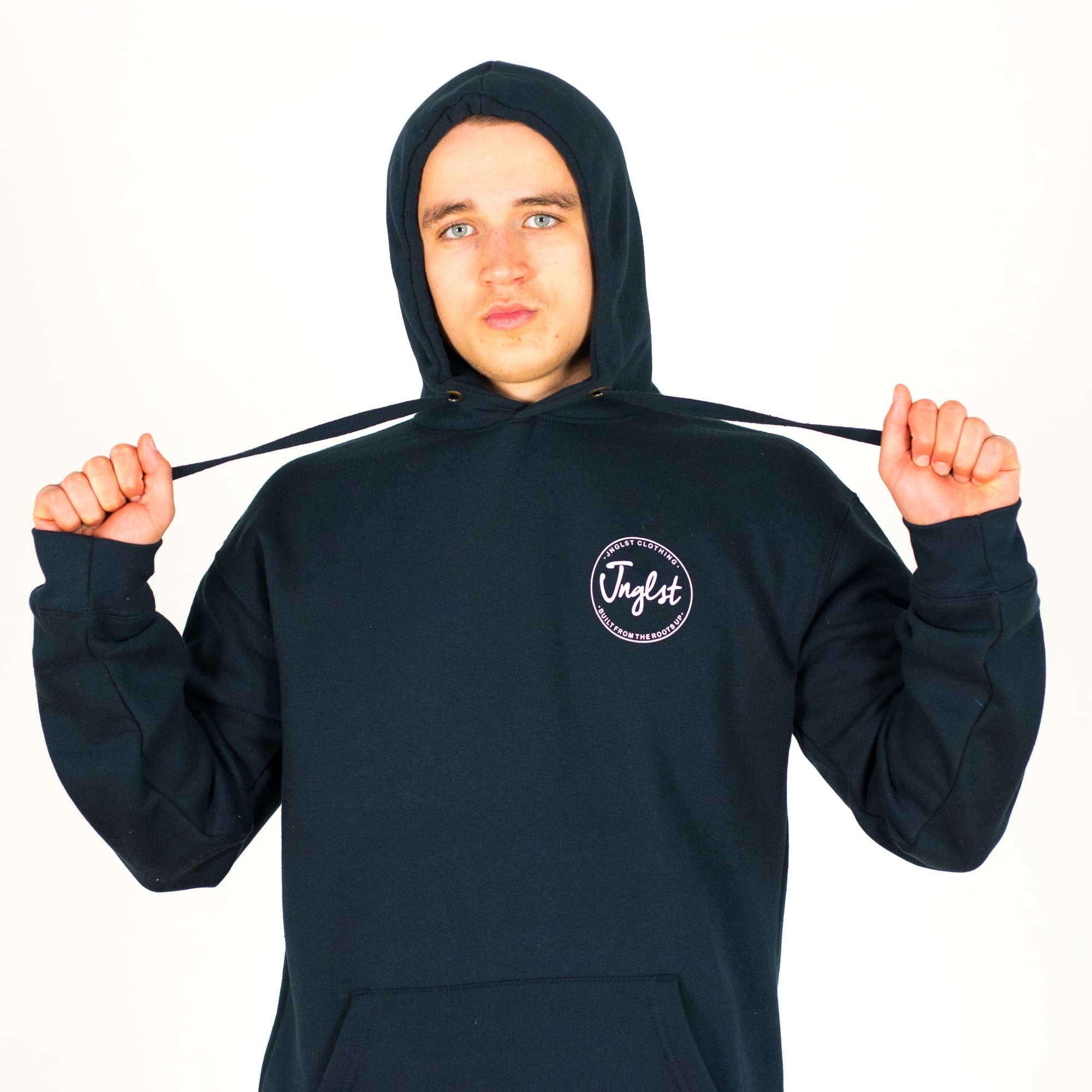 Model wearing Navy Built from the roots up hoody