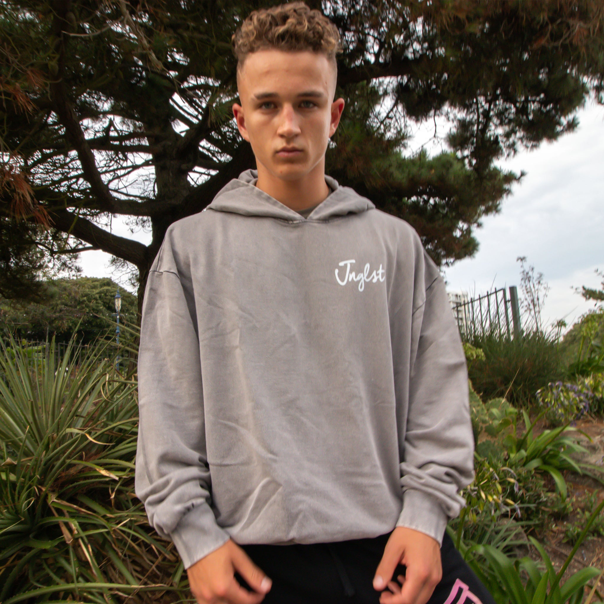 Peace Love Jungle Graffiti Oversized Hoodie - Grey Acid Washed - Front View