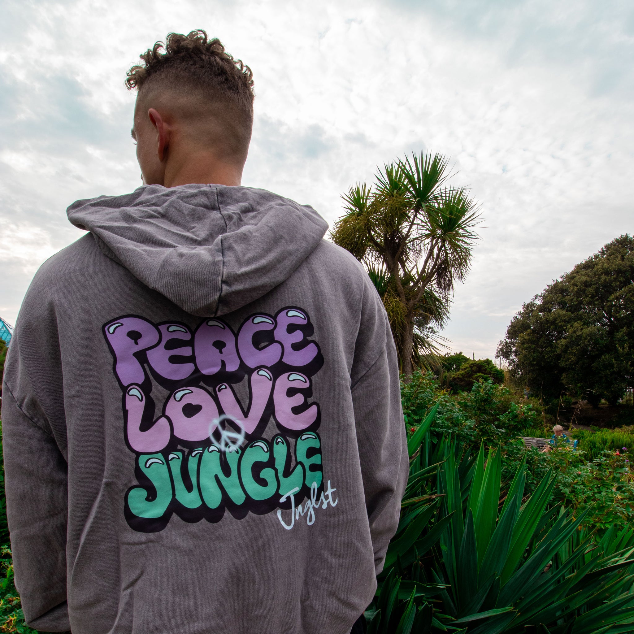 Peace Love Jungle Graffiti Oversized Hoodie - Grey Acid Washed - Back View