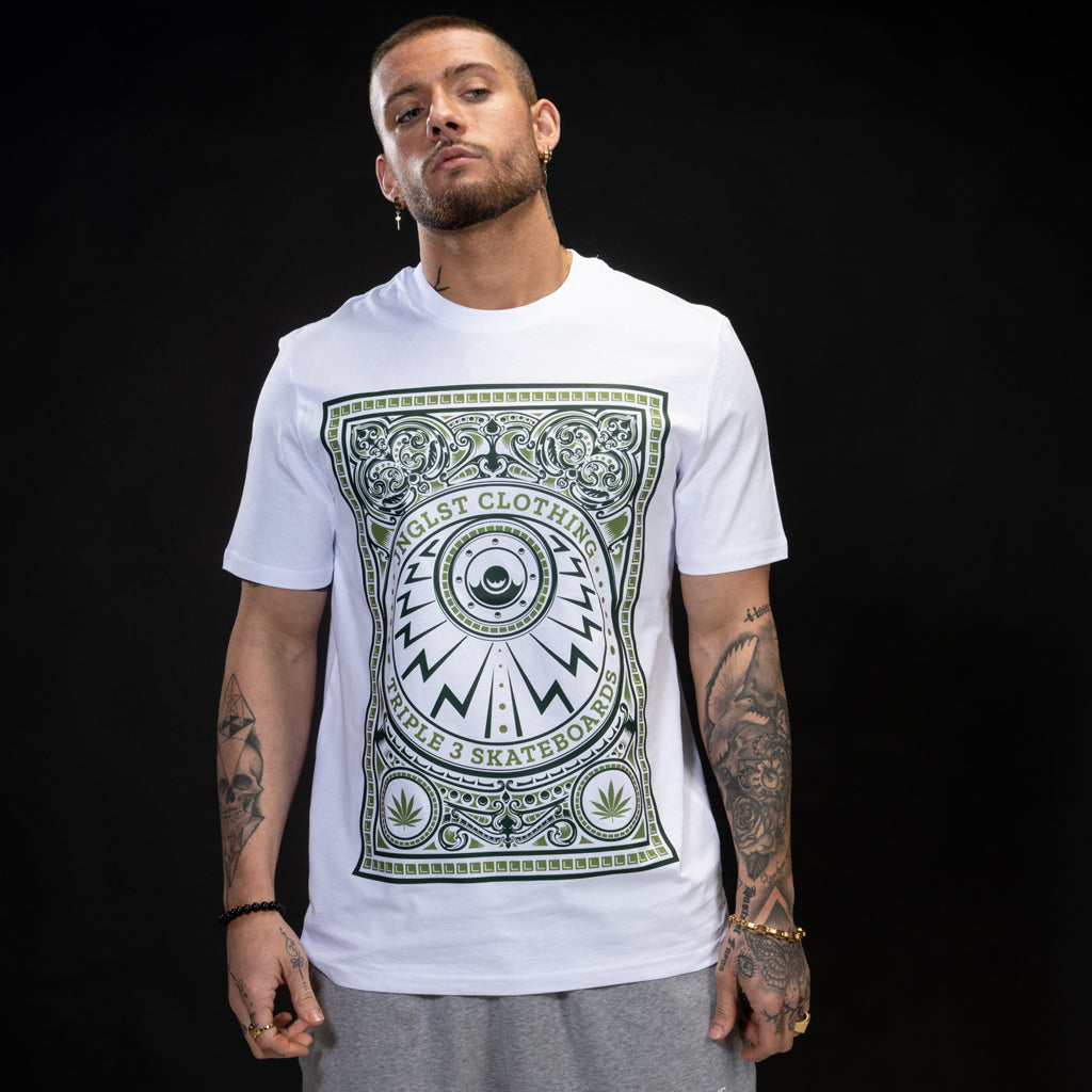 Skate Life White T Shirt Green Print
