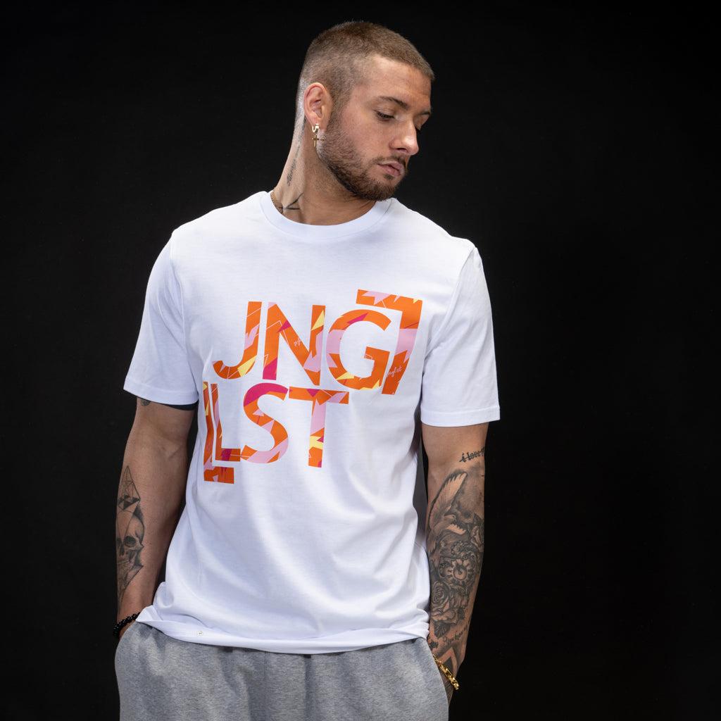 White Junglist T Shirt with Orange Camo