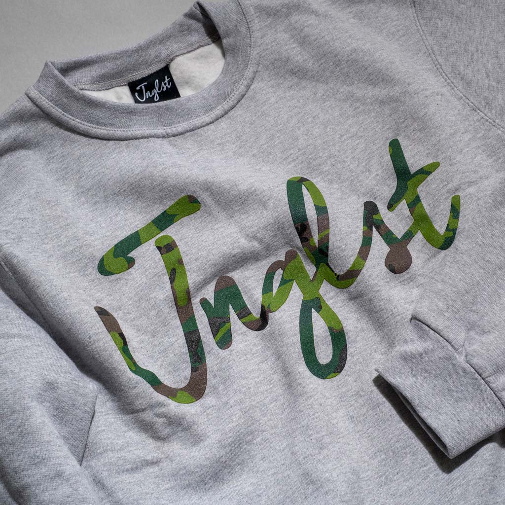 Junglist Script Camo Sweatshirt close up