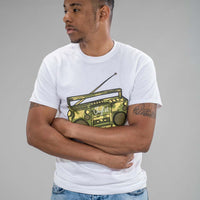 White Junglist Ghetto Blaster Tee for Ravers