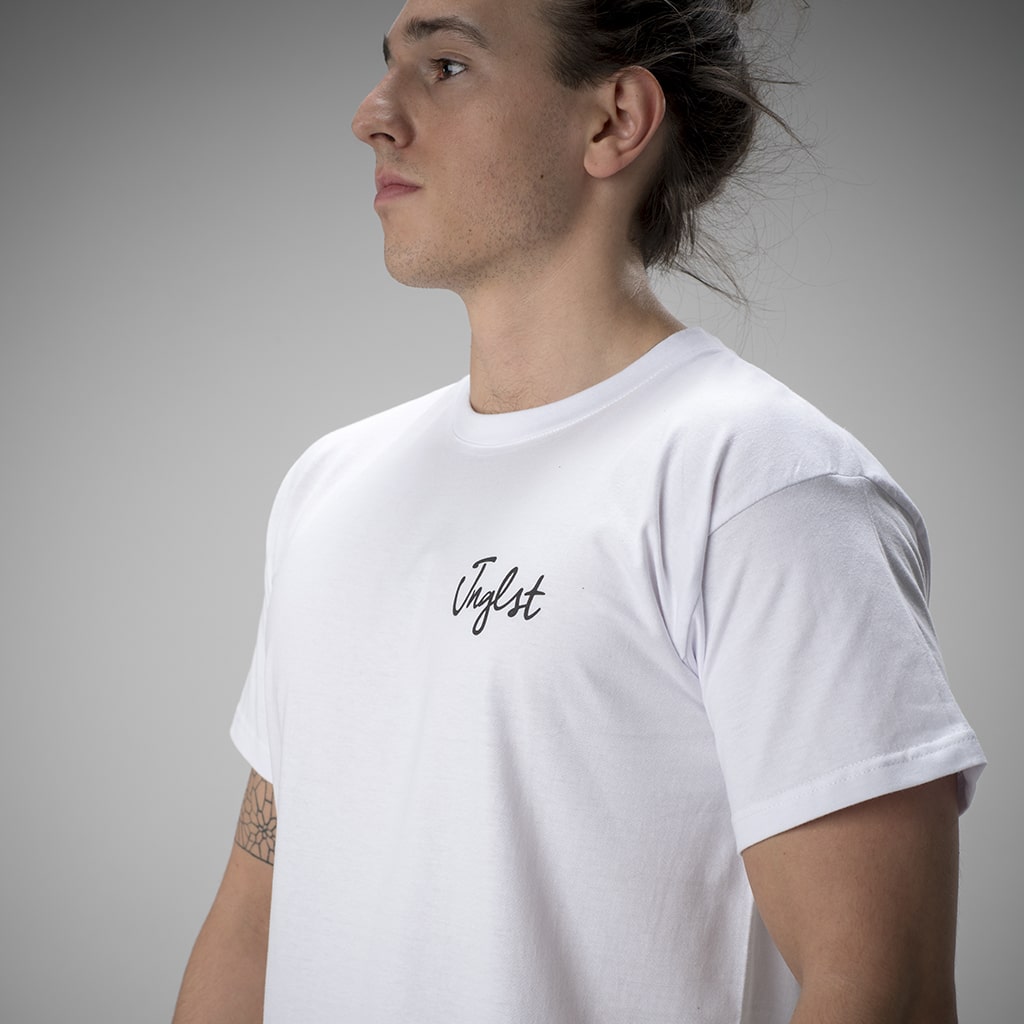 Model Wearing White Junglist Script Front and Back Tee, Drum and Bass Clothing for Ravers