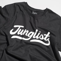 Junglist Script Black T-Shirt Front Print Close up