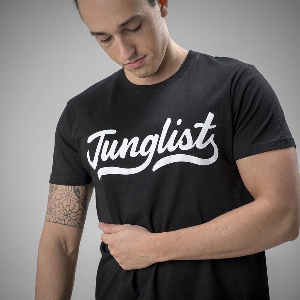 Model Wearing Black Junglist Script Remix Tee