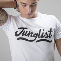 Model Wearing Junglist Script Remix White T Shirt