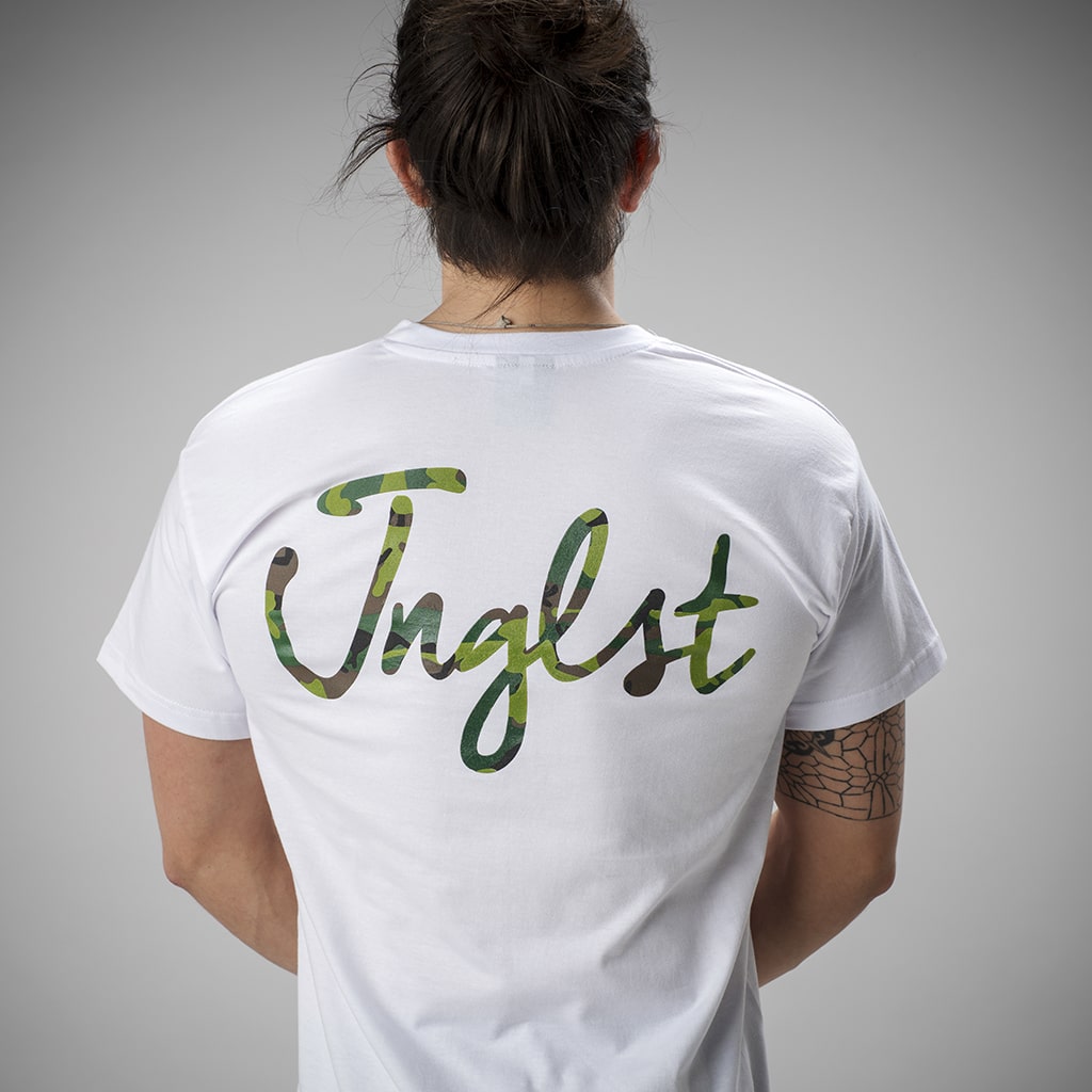 Model From Back Wearing White Script Tee With Large Camo Print, from Junglist Network