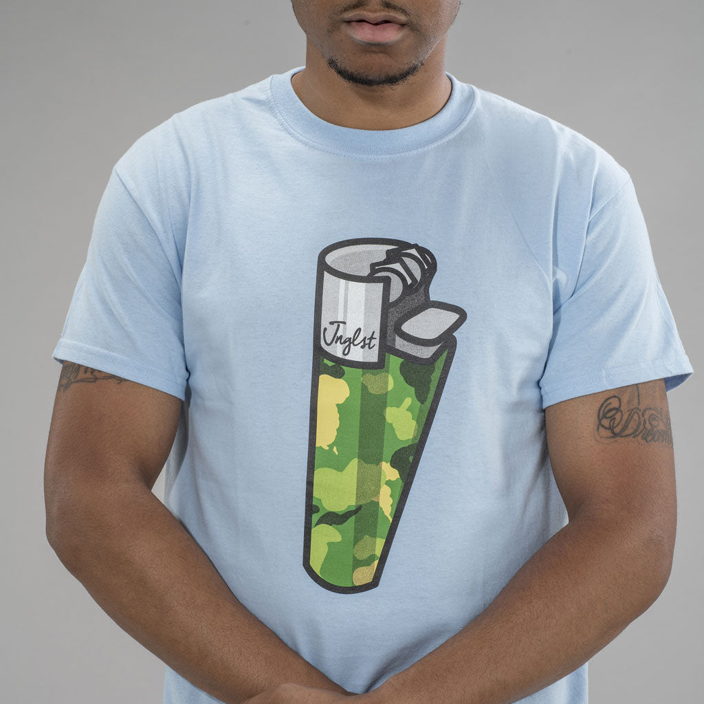 Mid Shot of Light Blue Lighter T-Shirt for Junglists