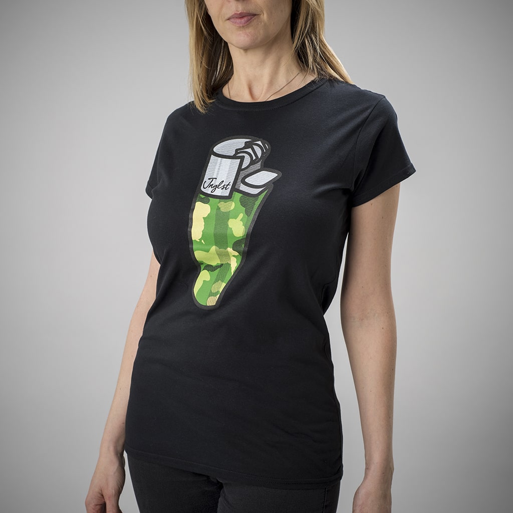 Model Wears Junglist Lighter T-Shirt in Black/Camo - from Jnglst Clothing