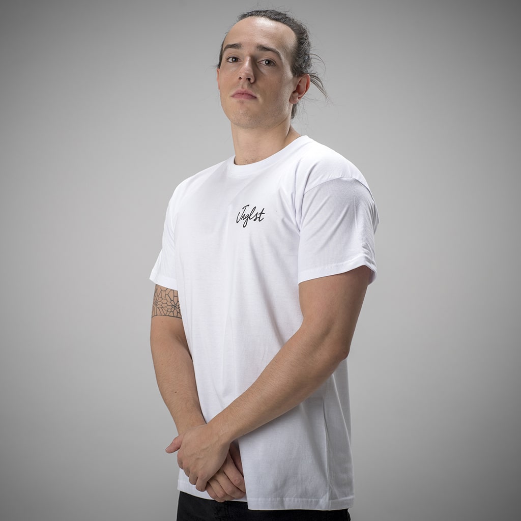 Model Wearing White Junglist Script T-Shirt, from Jnglst Clothing