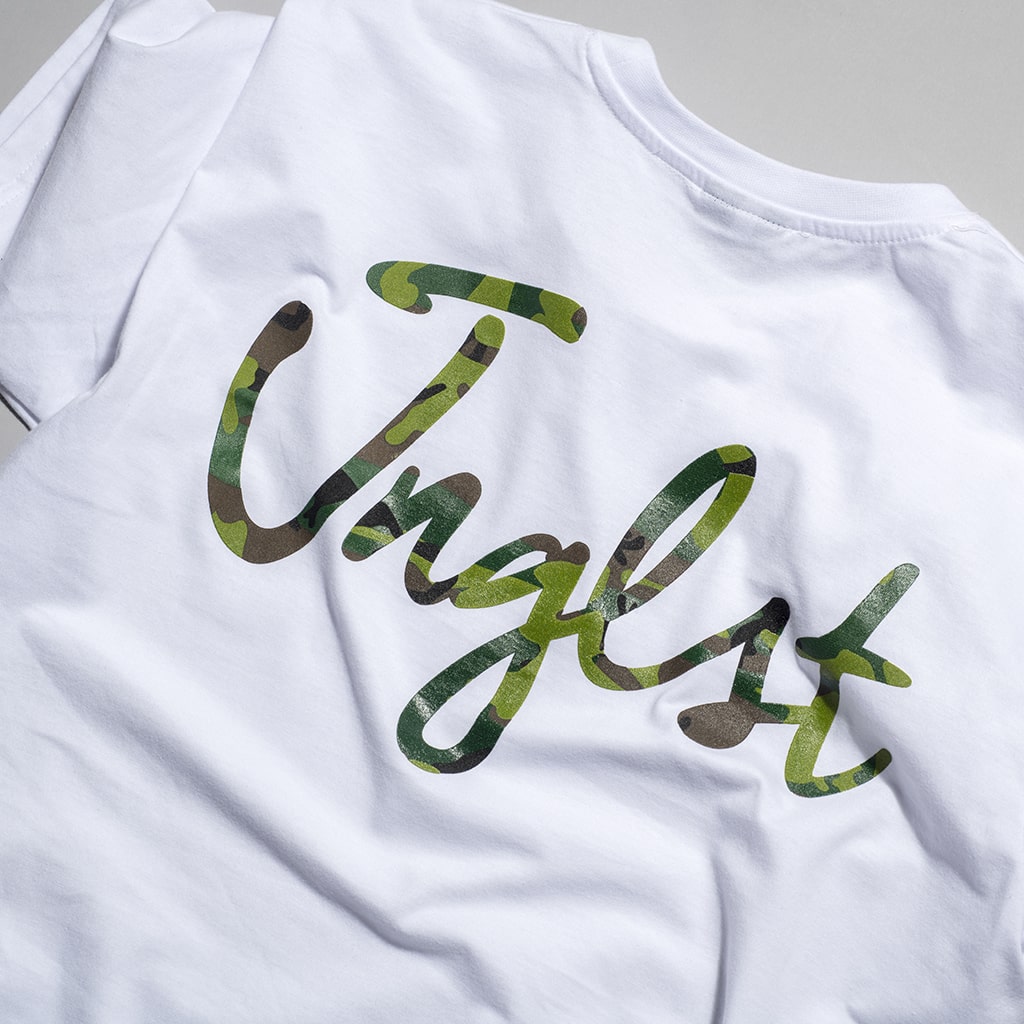 Large Camo Junglist Screen Print on the Back of a Junglist Network T-Shirt