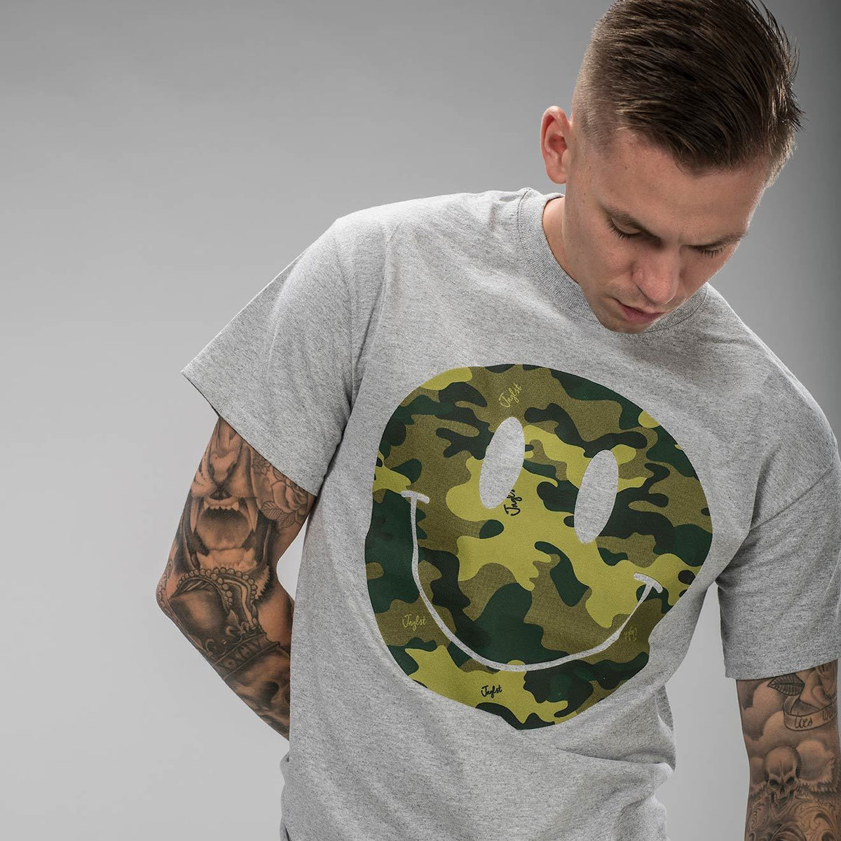 Grey Camo Smiley Junglist T-shirt - Rave Clothing by Junglist Network