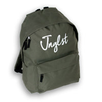 Green backpack with 'Jnglst' branding on a white background