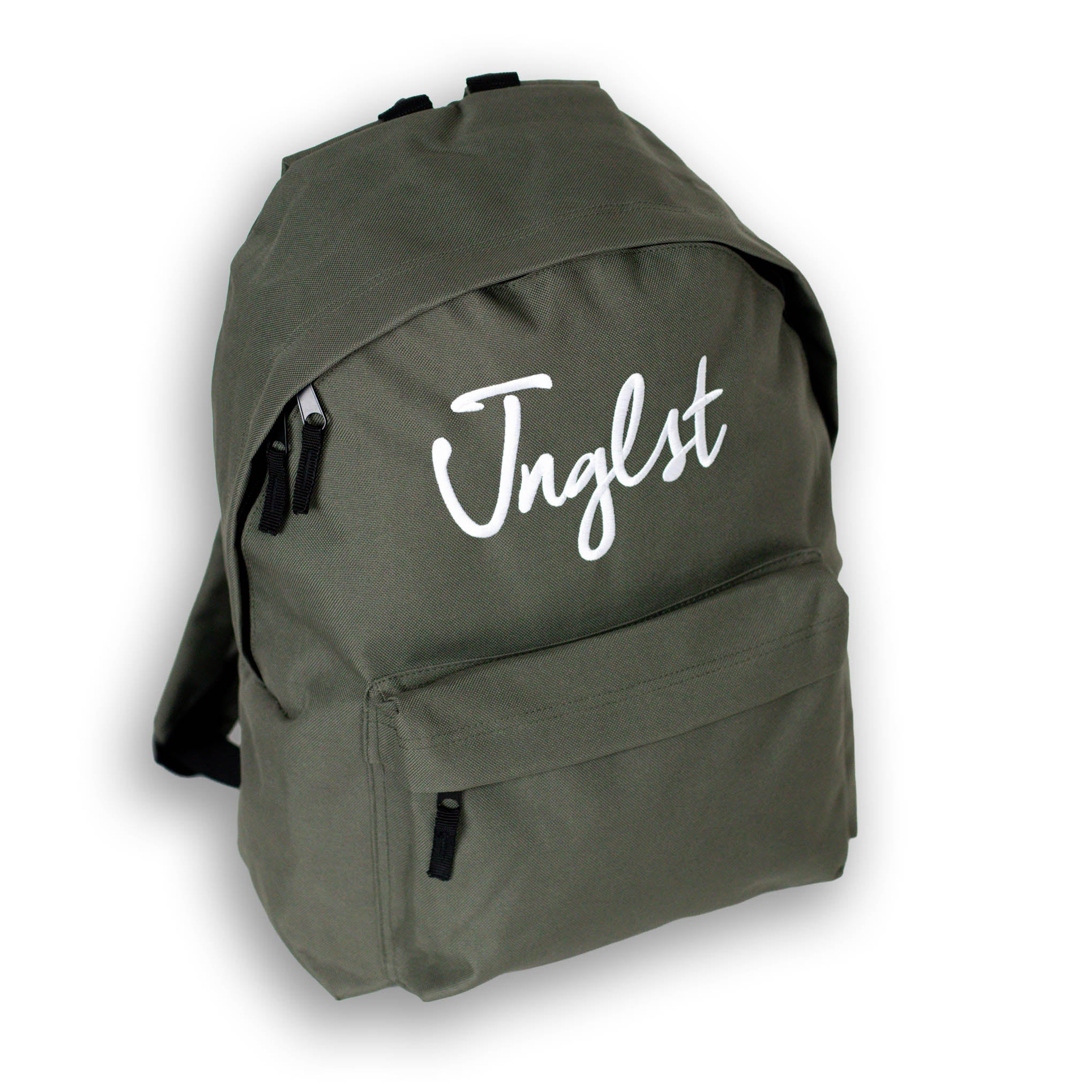 Green backpack with 'Jnglst' branding on a white background
