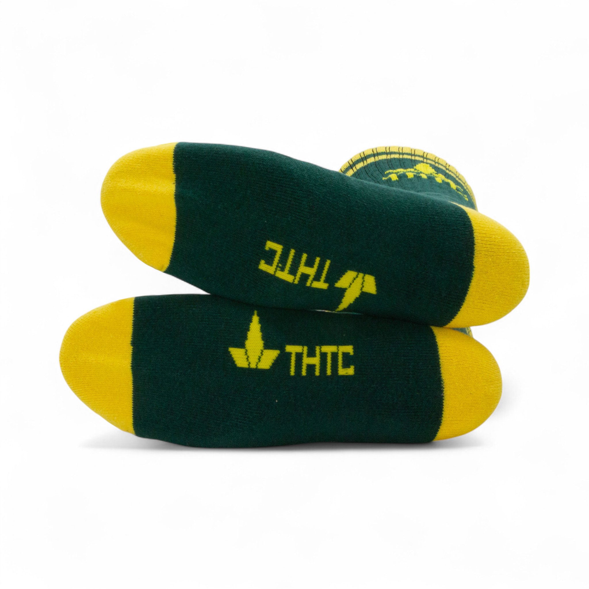Green socks with yellow accents and 'THC' logo on a white background