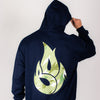 Navy blue hoodie with a green flame design on the back against a white background