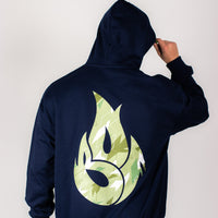 Navy blue hoodie with a green flame design on the back against a white background