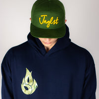 Person wearing a green cap with yellow text and a navy Fire hoodie with a green logo on a plain background