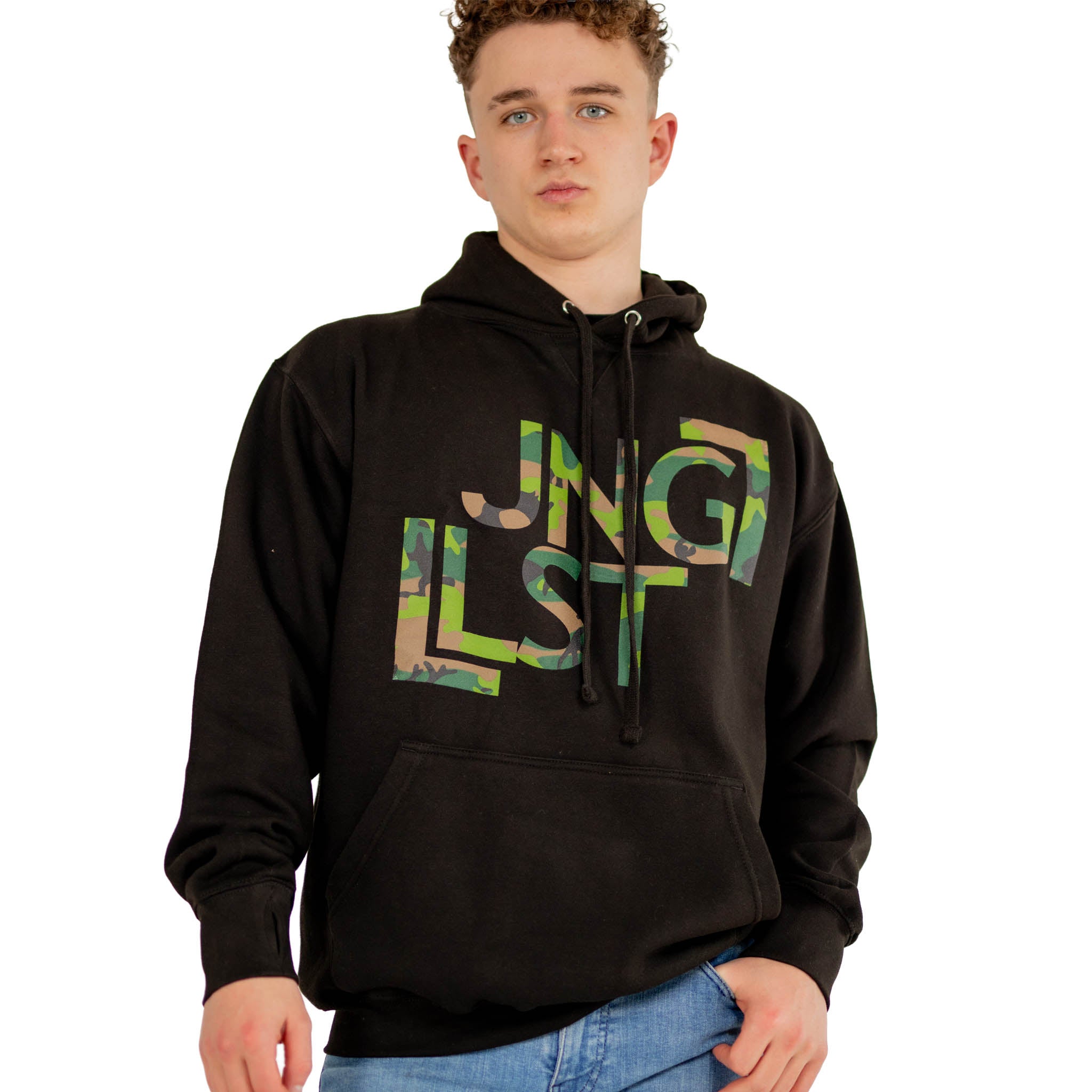 JNGLST Camo hoody in studio