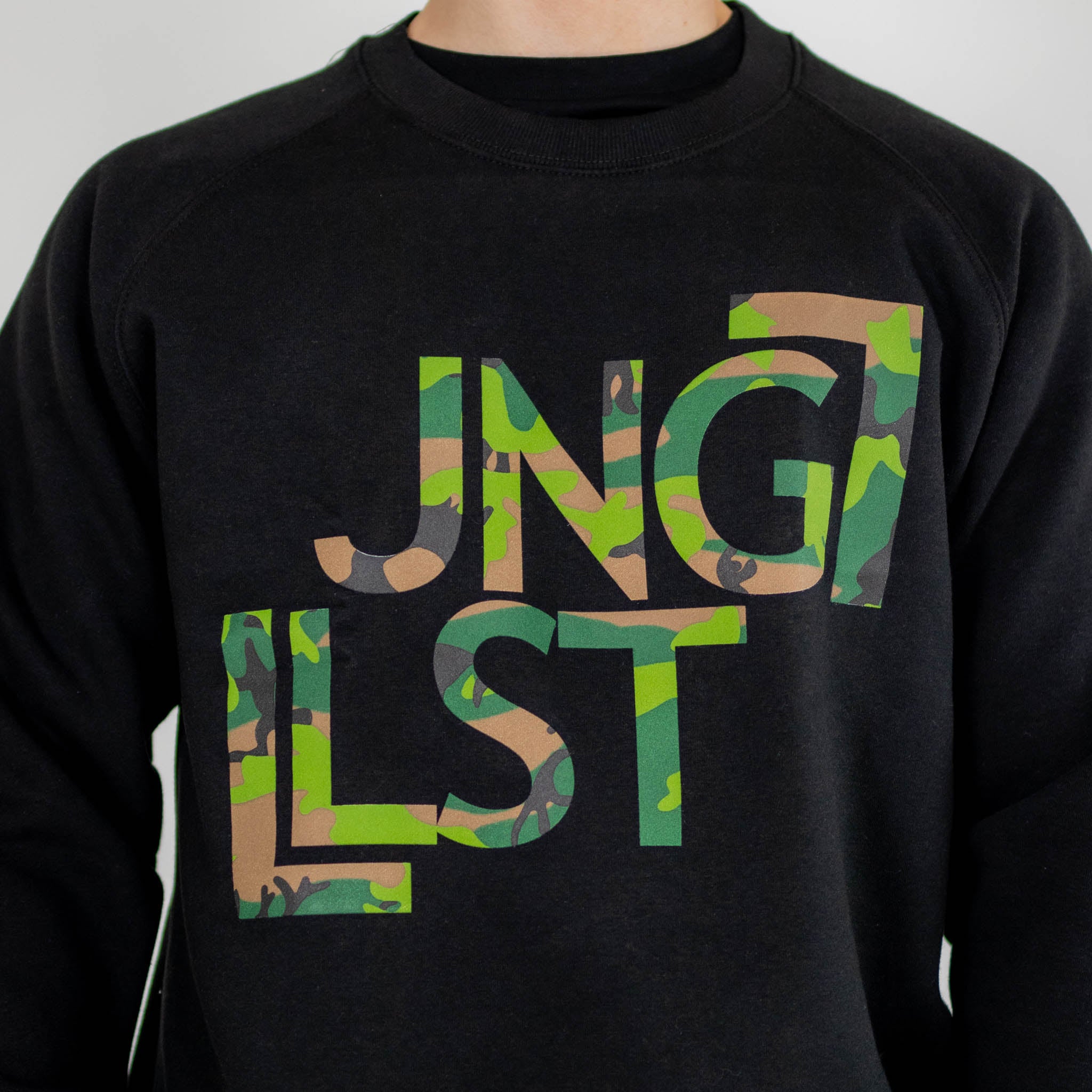 JNGLST camo sweatshirt close up