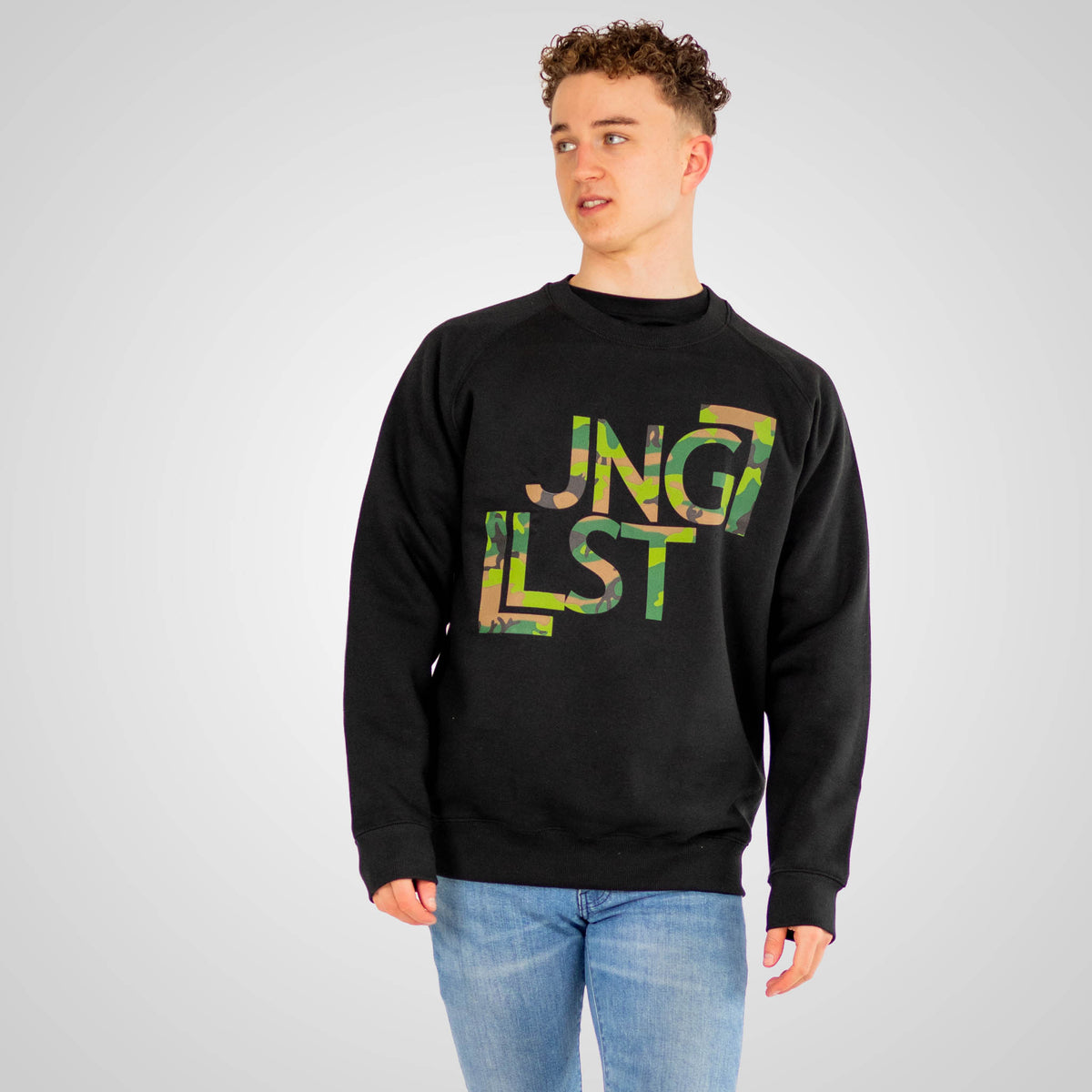 JNGLST camo sweatshirt worn by model