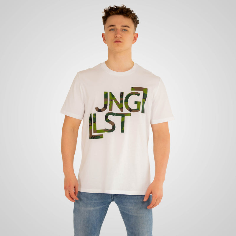 Person wearing a white t-shirt with 'JNGLST' printed in green on a plain background