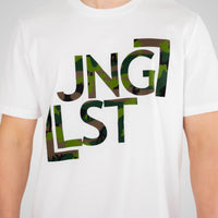 White t-shirt with 'JNGLST' in camouflage print worn by a person