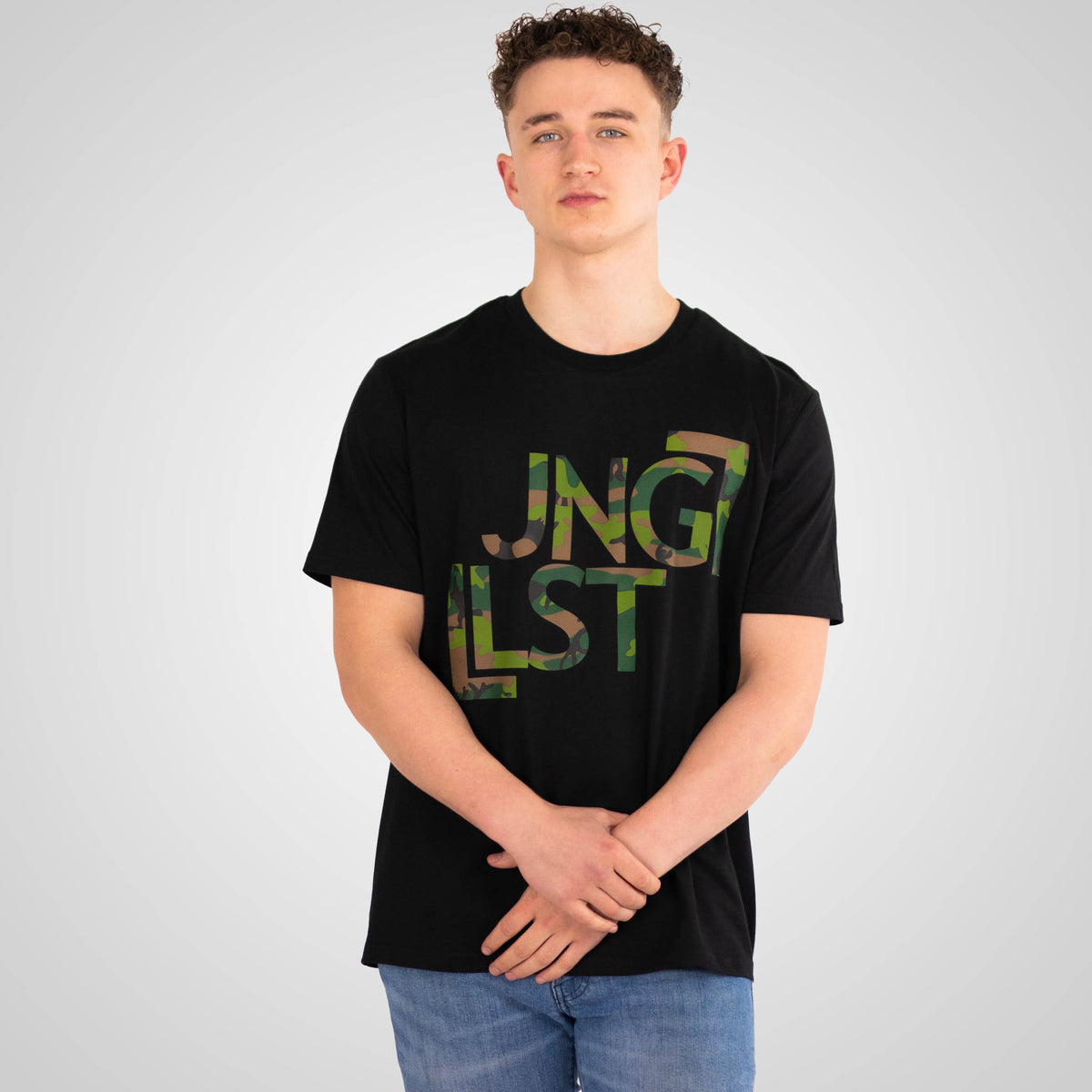 JNGLST Camo Black T Shirt worn by model