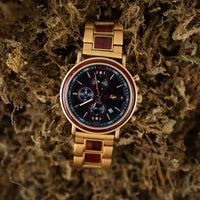 A gold-tone wristwatch with a black dial and red accents, featuring a metal link bracelet with dark wood inlays, resting on a bed of dried moss.