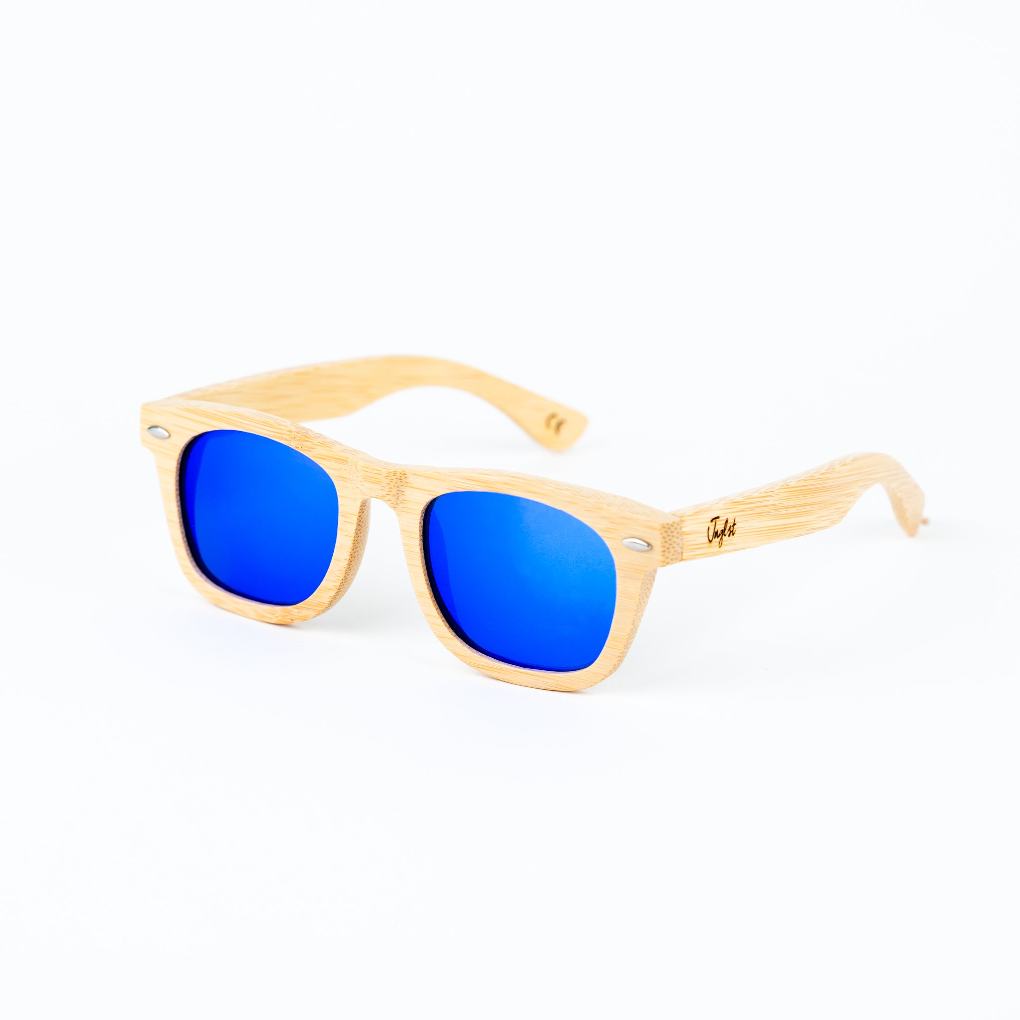 Jnglst Bamboo Rayban Sunglasses with blue lenses