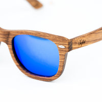 Zebra Wood Sunglasses with Blue Lenses
