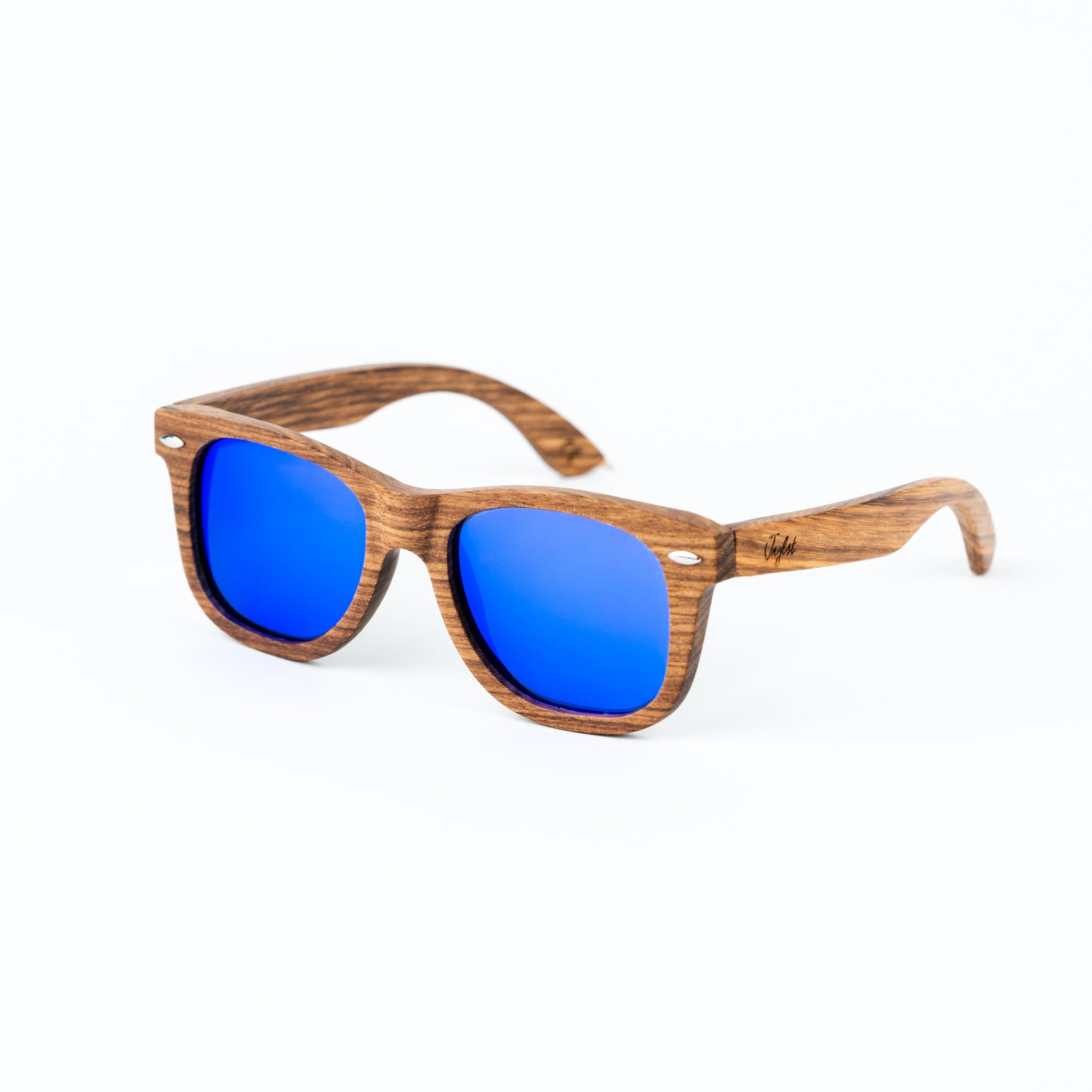 Zebra Wood Sunglasses with Blue Lenses