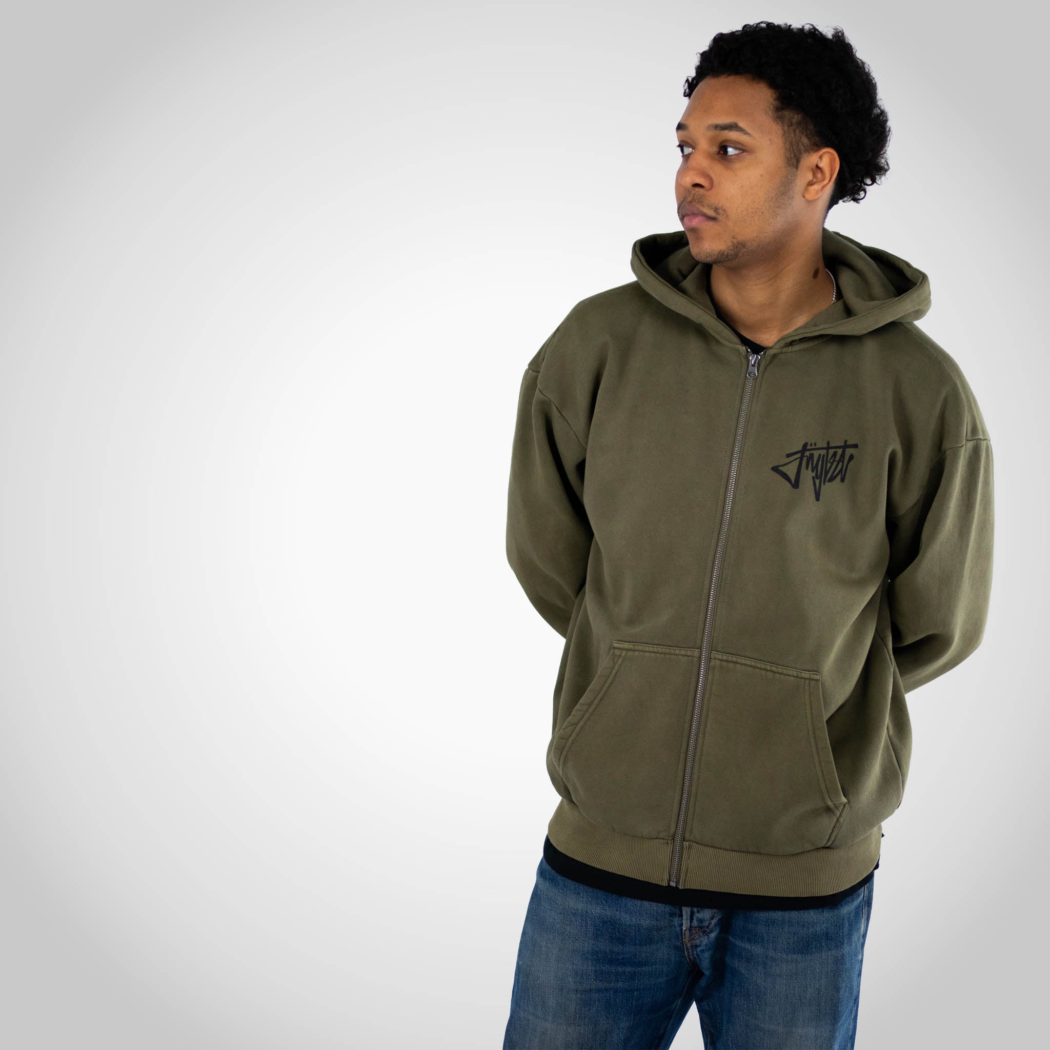 Rewired Smiley Olive Zip Hoody worn by model