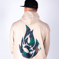 Person wearing a beige hoodie with a colorful logo on the back against a white background