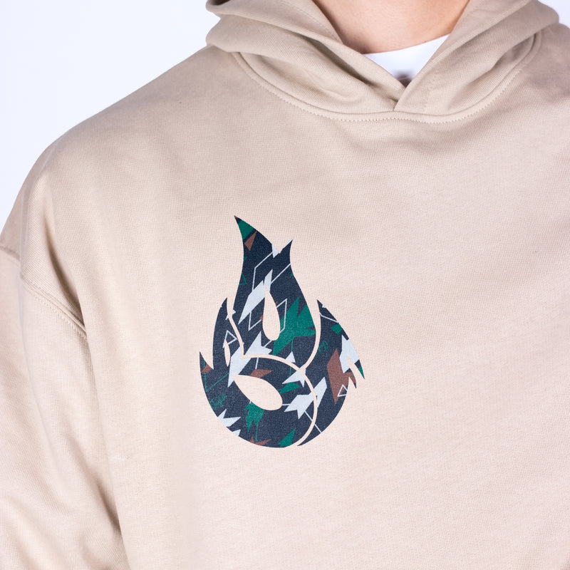 Beige hoodie with a colorful logo on the chest against a white background