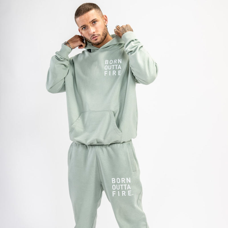 Aloe green tracksuit joggers pictured with matching hoody