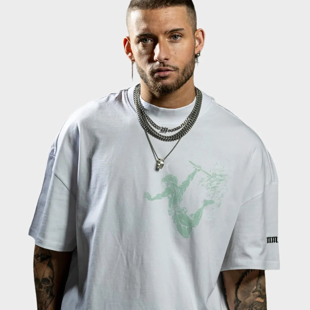 Oversized White and Aloe Vulcan God of Fire T-Shirt